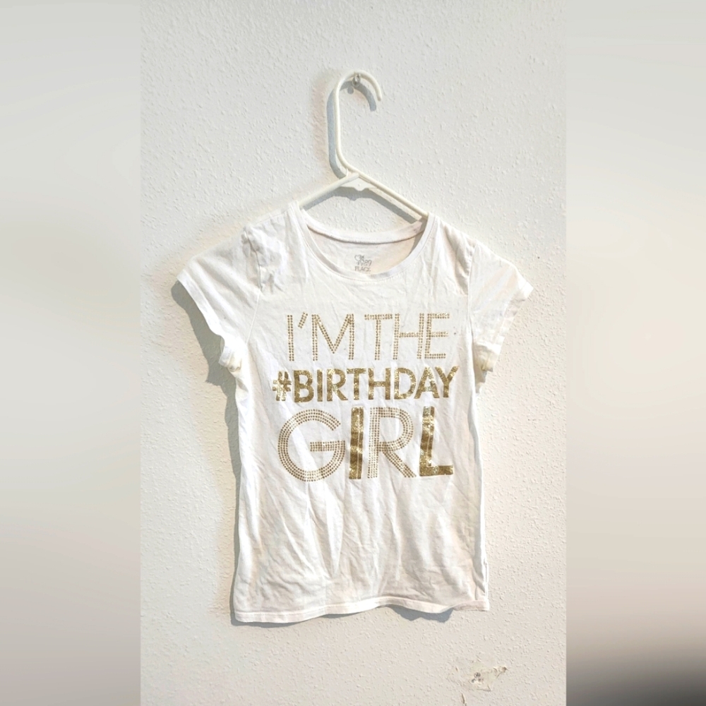 children's PLACE white t-shirt with gold glitter: I'M THE #BIRTHDAY GIRL